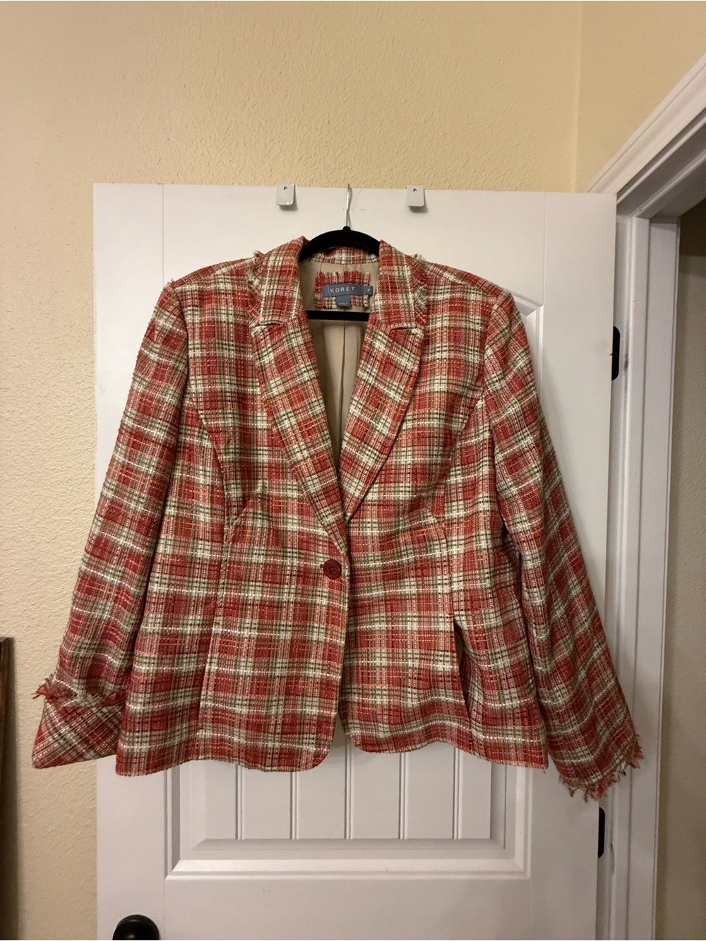 Koret Red pink and Cream Plaid Tweed Blazer Jacket